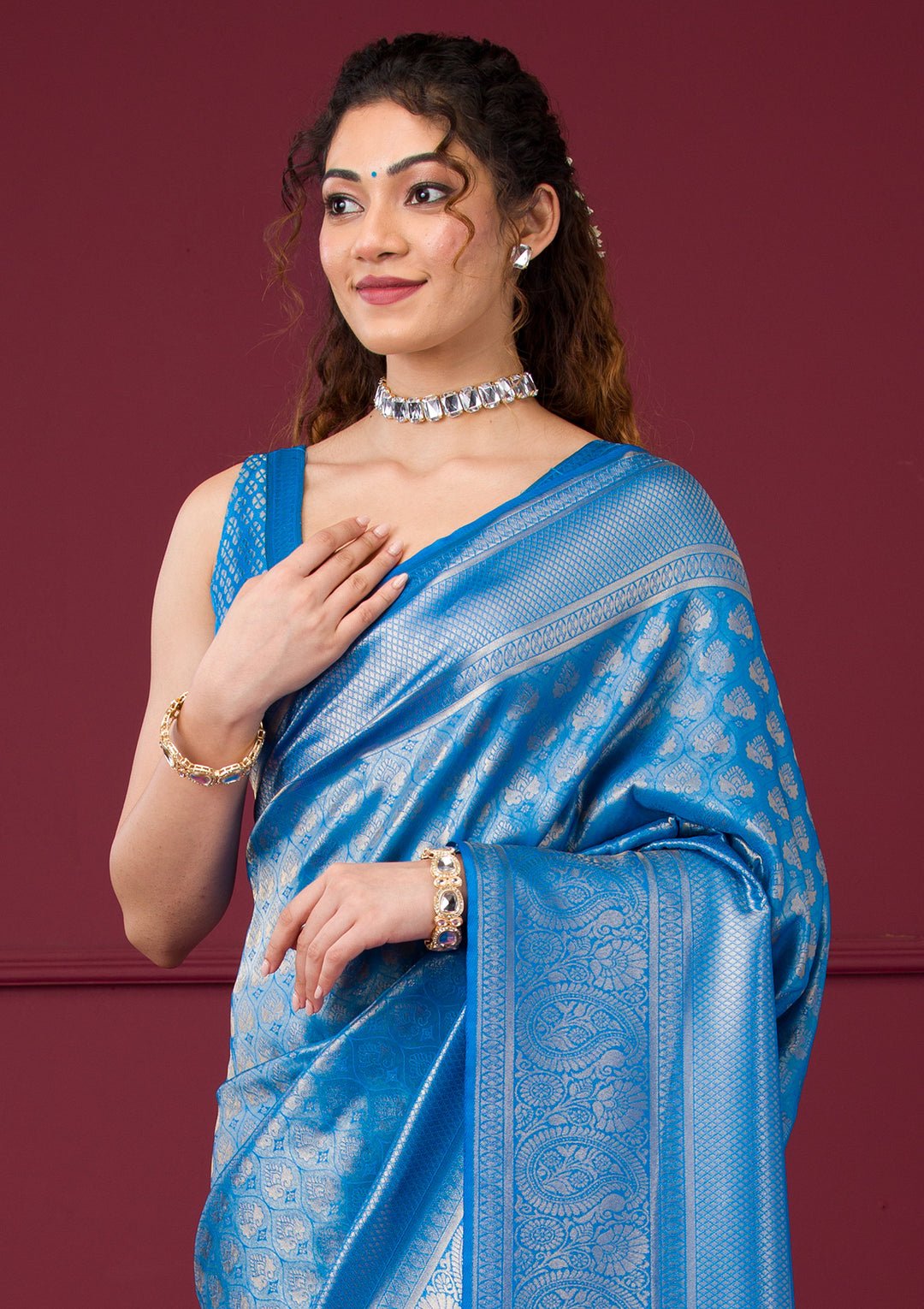 Turquoise Blue Zariwork Art Silk Saree — image 8