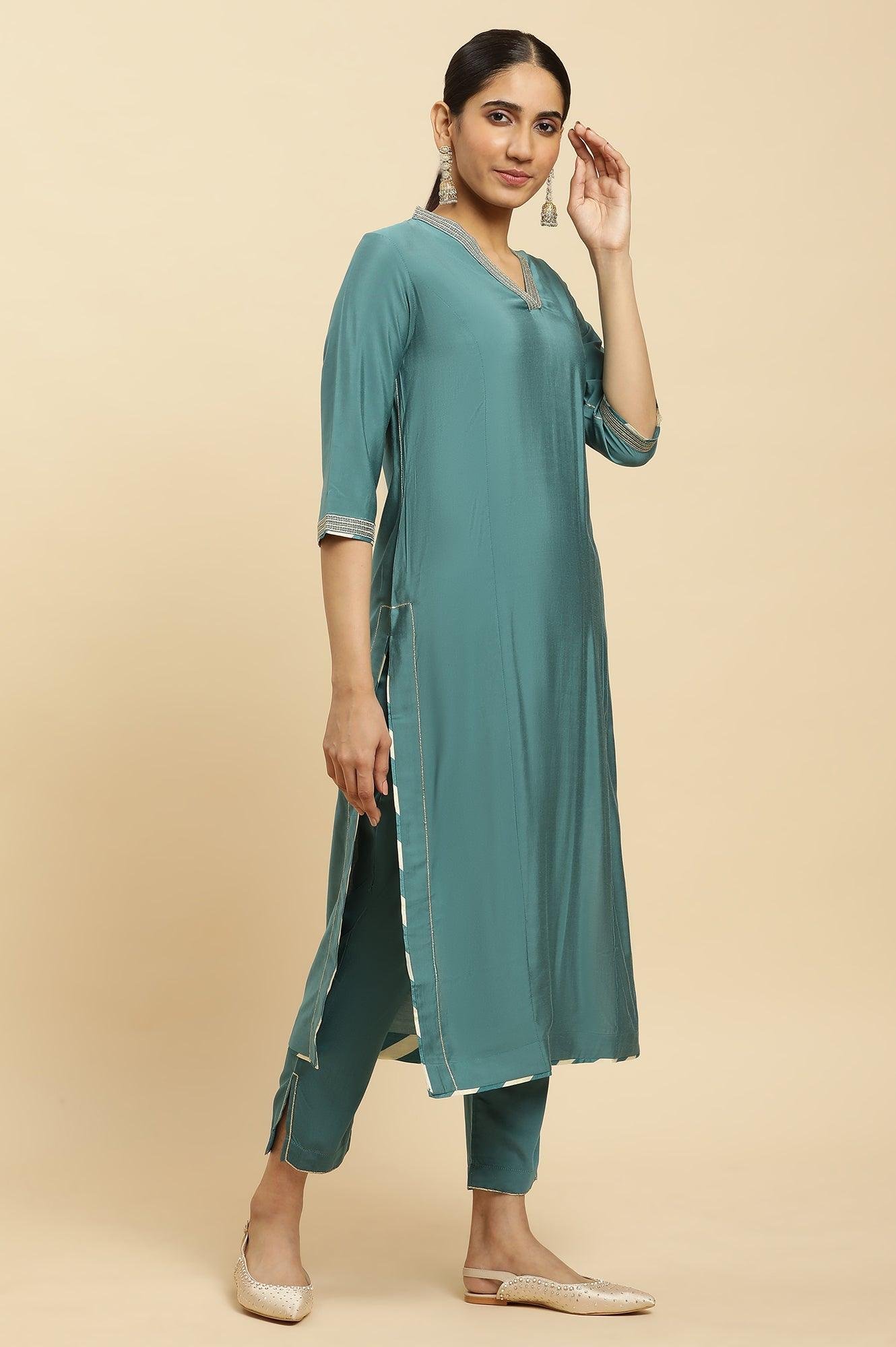 Blue Embellished Kurta, Pants And Jacquard Dupatta Set — image 4