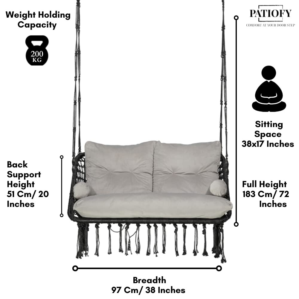 Double Seater Swing - 2 Seater Swing for Balcony with Large Grey Full Body Sitting Cushion (Black)-Polyester, 20 Cm — image 4