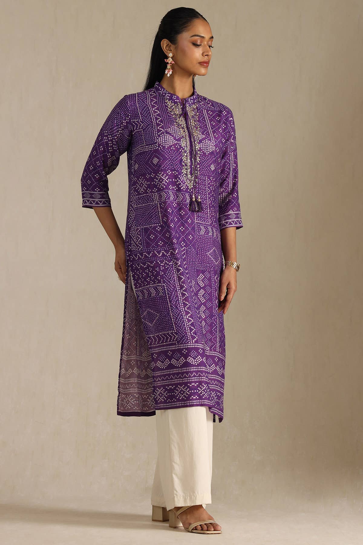 Purple Muslin Bandhani Printed Kurta With Zardosi — image 2