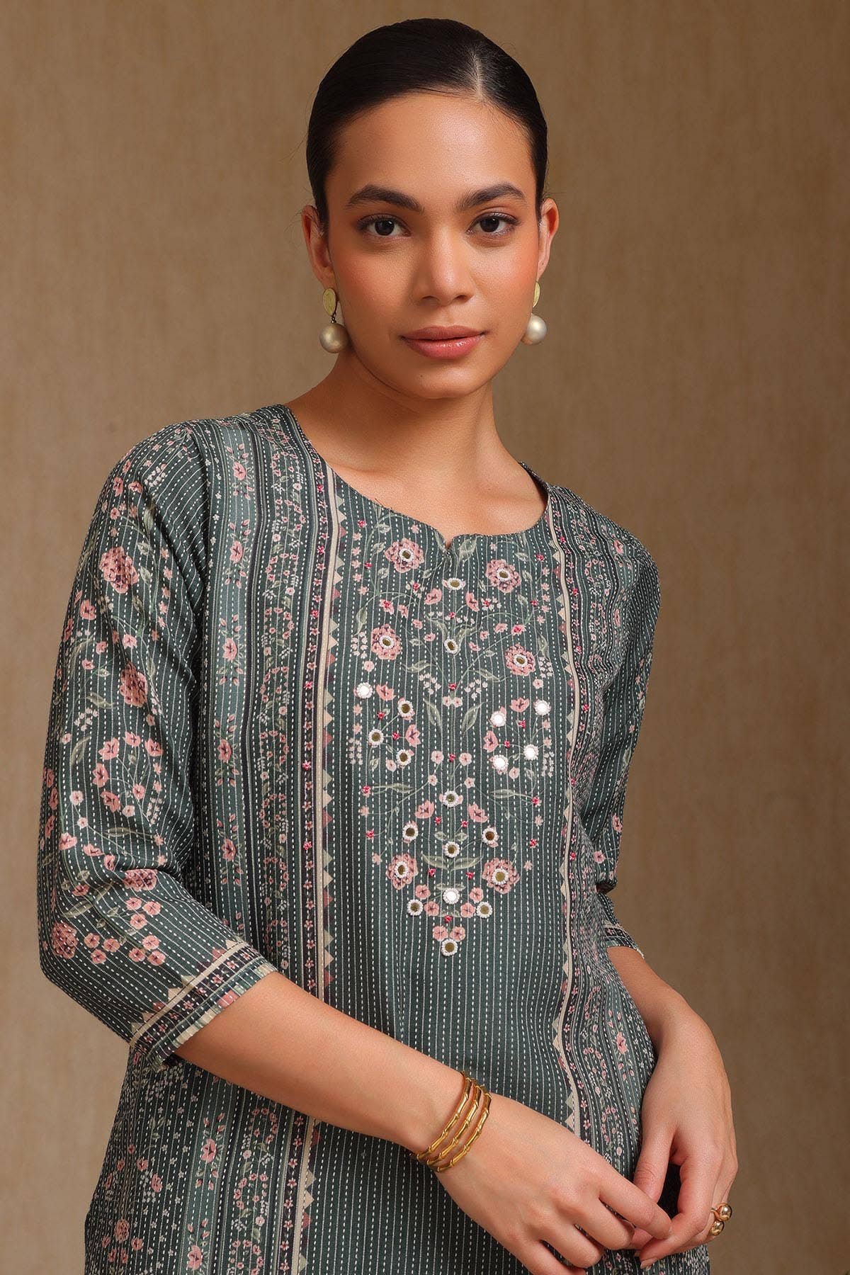 Olive Rayon Botanical Printed Kurta With Mirror Work — image 1