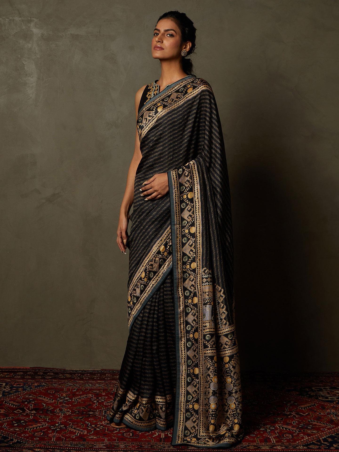Black & Beige Noni Saree With Stitched Blouse — image 4