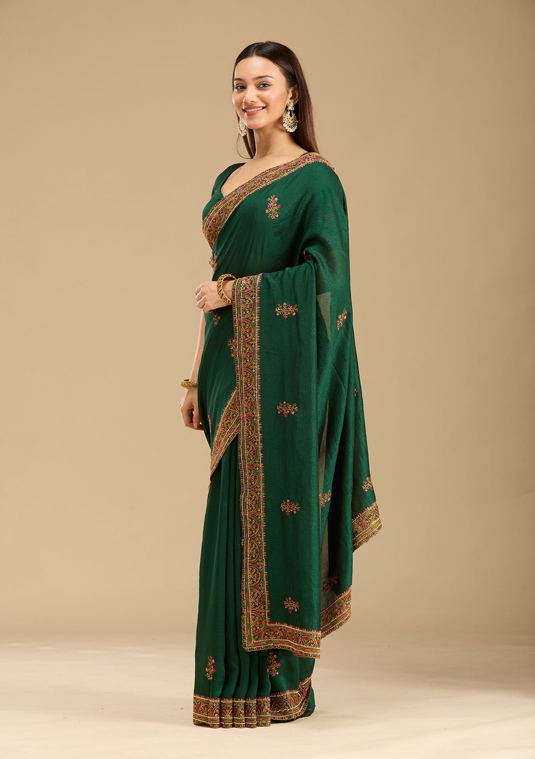 Bottle Green Kashmiri Soft Raw Silk Saree — image 2