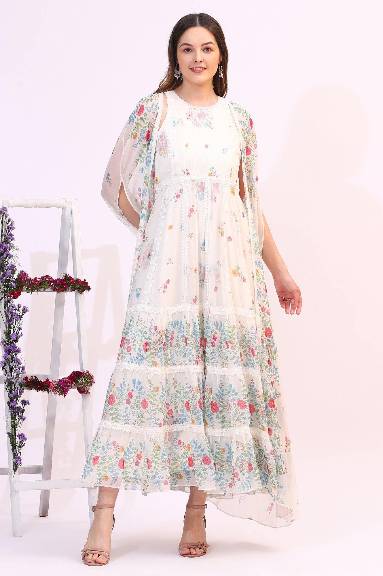 White Floral Printed Chiffon Tiered Flared Dress with Printed Cape — image 9