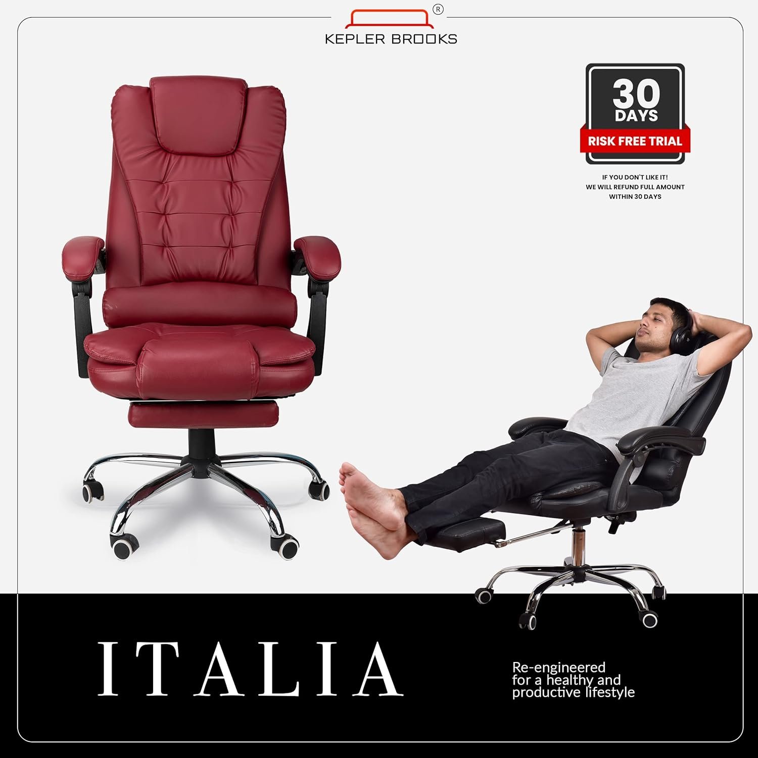 Premium Leatherette Office Chair for Work | 3-Years Warranty | Boss Chair for Office, Ergonomic Executive Chair, Cushioned Arms & Seat, Leg Rest, Heavy Duty Metal Base (Burgundy) — image 2