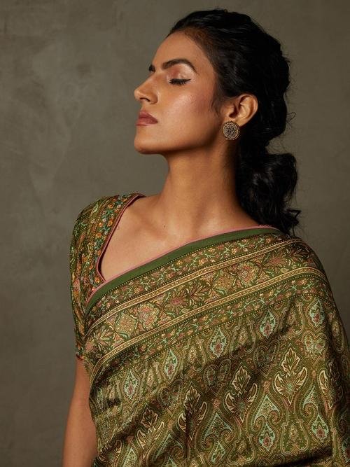 Olive & Beige Shereen Saree With Unstitched Blouse — image 2
