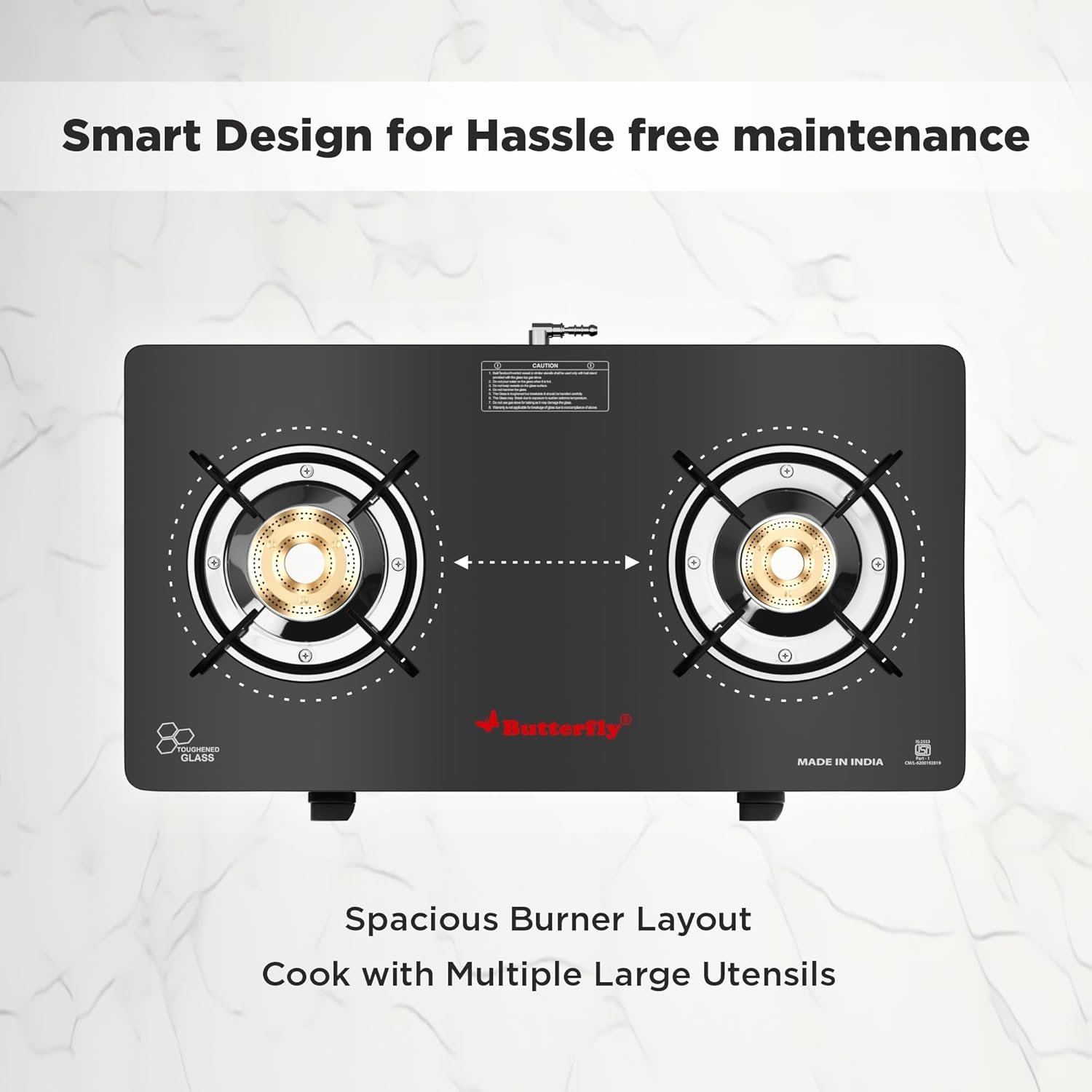 Butterfly Smart 2 Burner Glass Top Gas Stove | Manual Ignition | Scratch Resistant Toughened Glass | Brass Burners | Skid-proof Legs | 1 Year Manufacturer's Warranty | Black — image 3