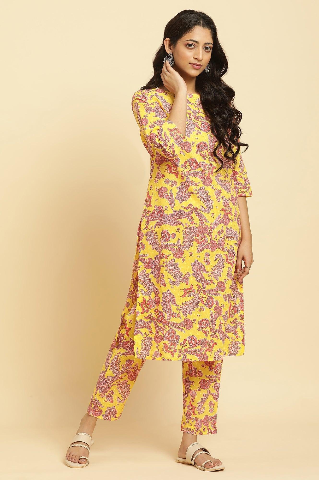 Yellow Floral Printed Cotton Kurta And Pants Co-Ord Set — image 1