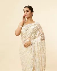 Ivory Cream Bel Buti Patterned Mirror and Stone Work Saree — image 5