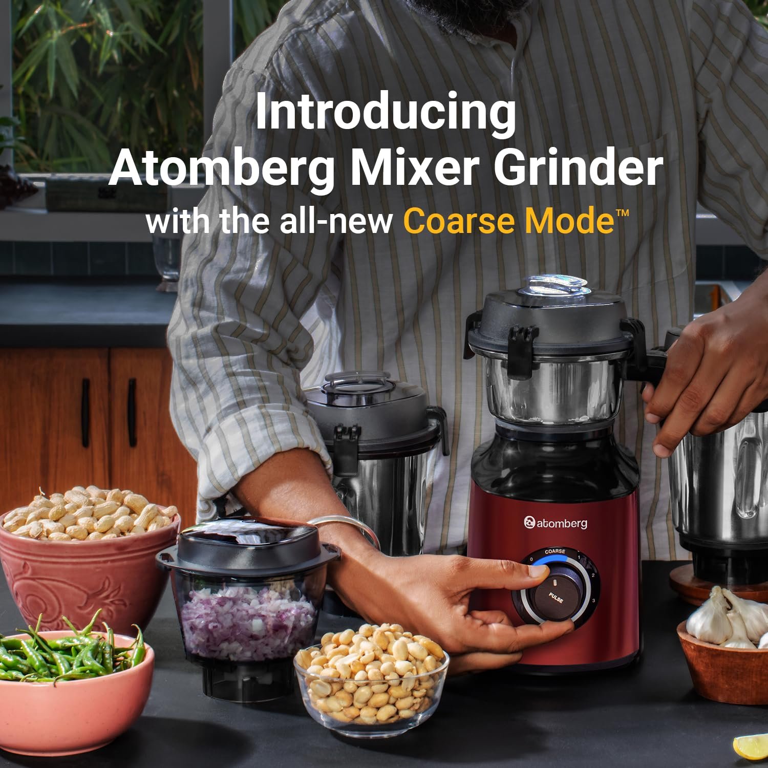 Atomberg Zenova Mixer Grinder with Unique Coarse Mode | Advanced Safety Features | 4 Jars including Chopper Jar with Hands Free Operation (Red Wine) — image 4