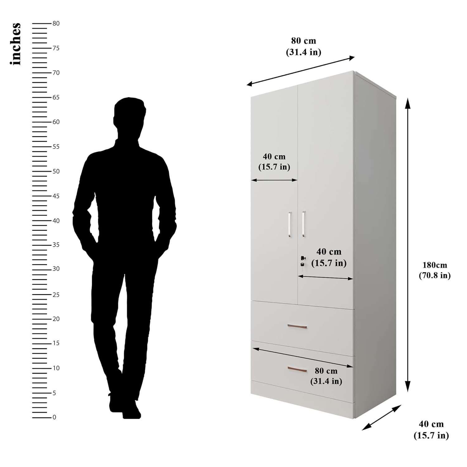 VIKI Wardrobe | Wooden Almirah for Clothes,Door for Bedroom, 2 Door Wardrobe with Drawer & Hanging Space (Frosty White - 40D x 80W x 180H) | 1 Year Warranty | Free Assembly — image 3