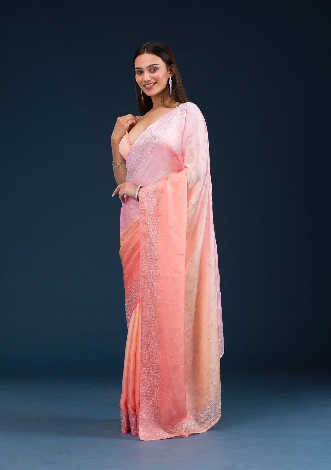 Light Orange Stonework Satin Saree — image 1