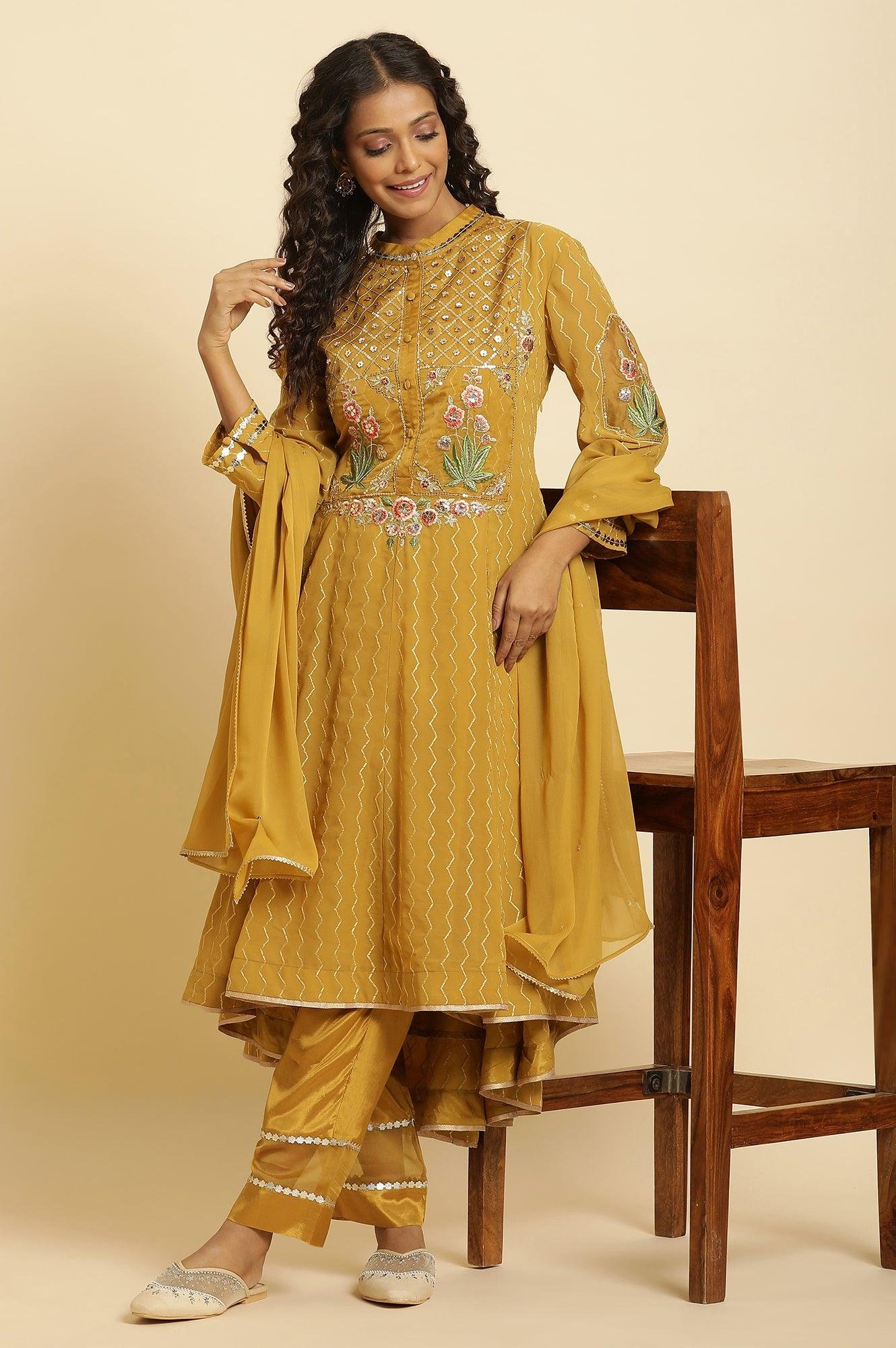 Yellow Embroidered Kurta, Pants And Dupatta Set — image 8