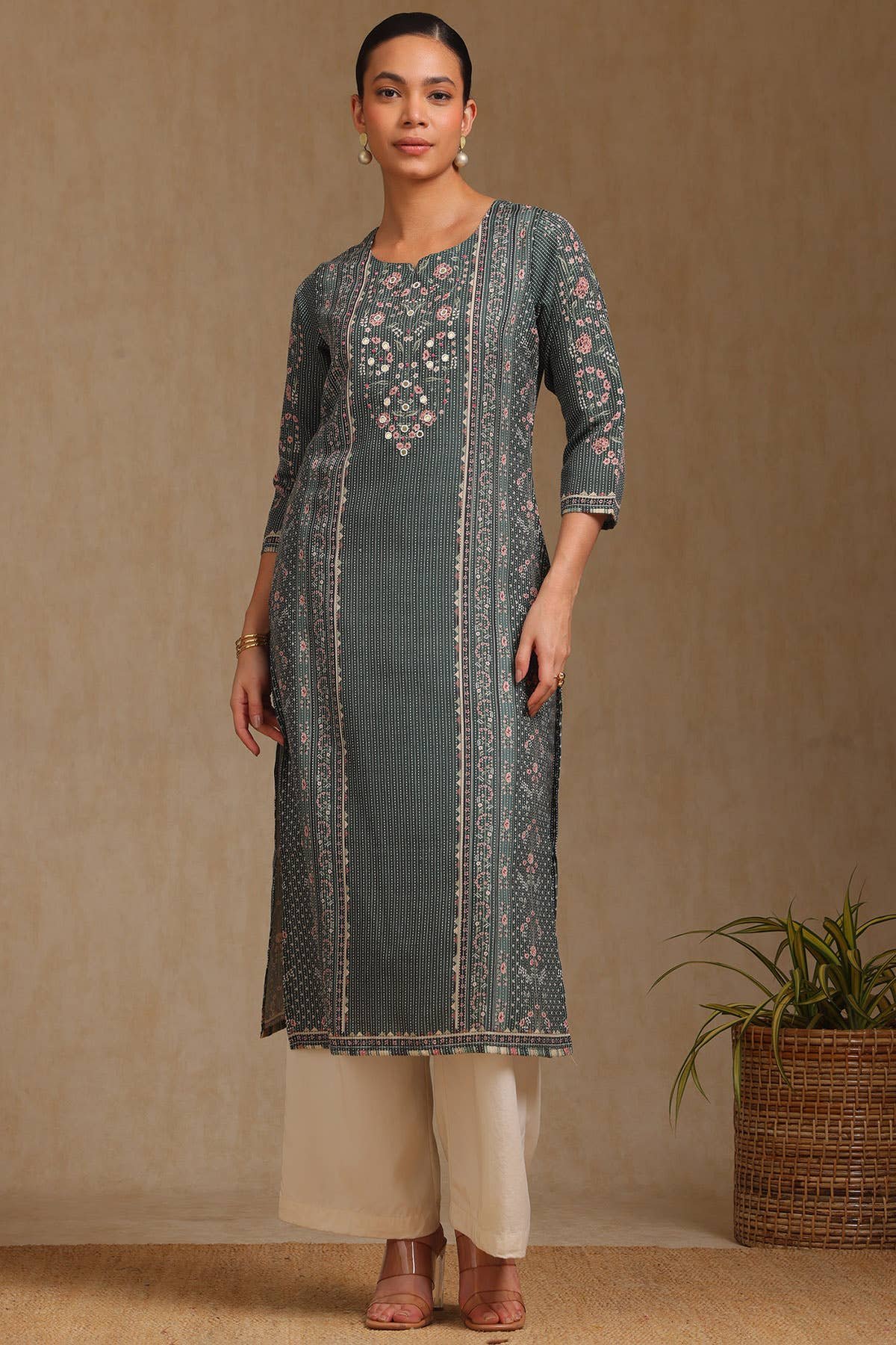 Olive Rayon Botanical Printed Kurta With Mirror Work — image 2