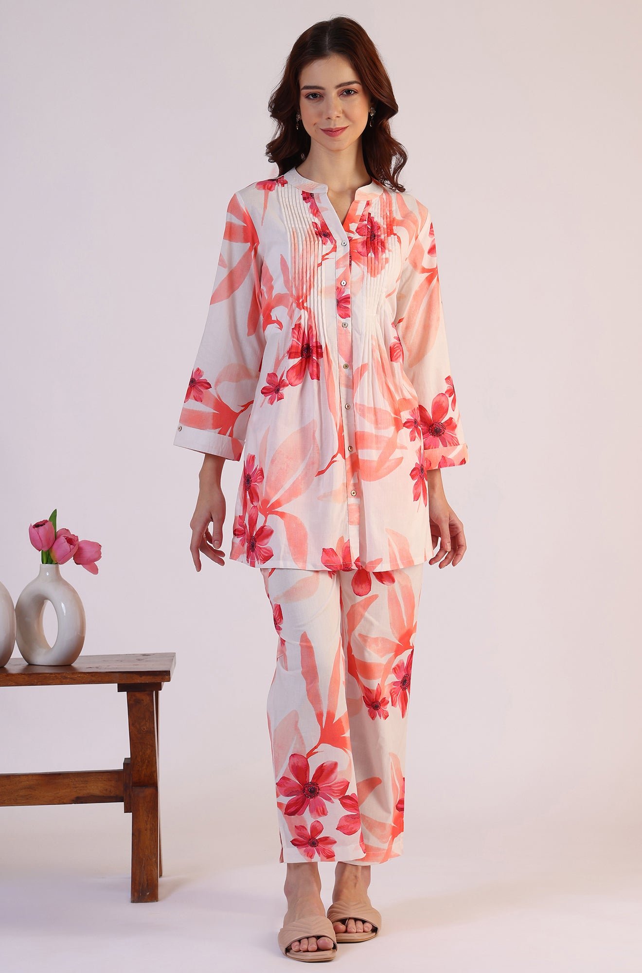 White Bold Floral Printed Pure Cotton Tunic and Straight Pants Co-ord Set — image 10