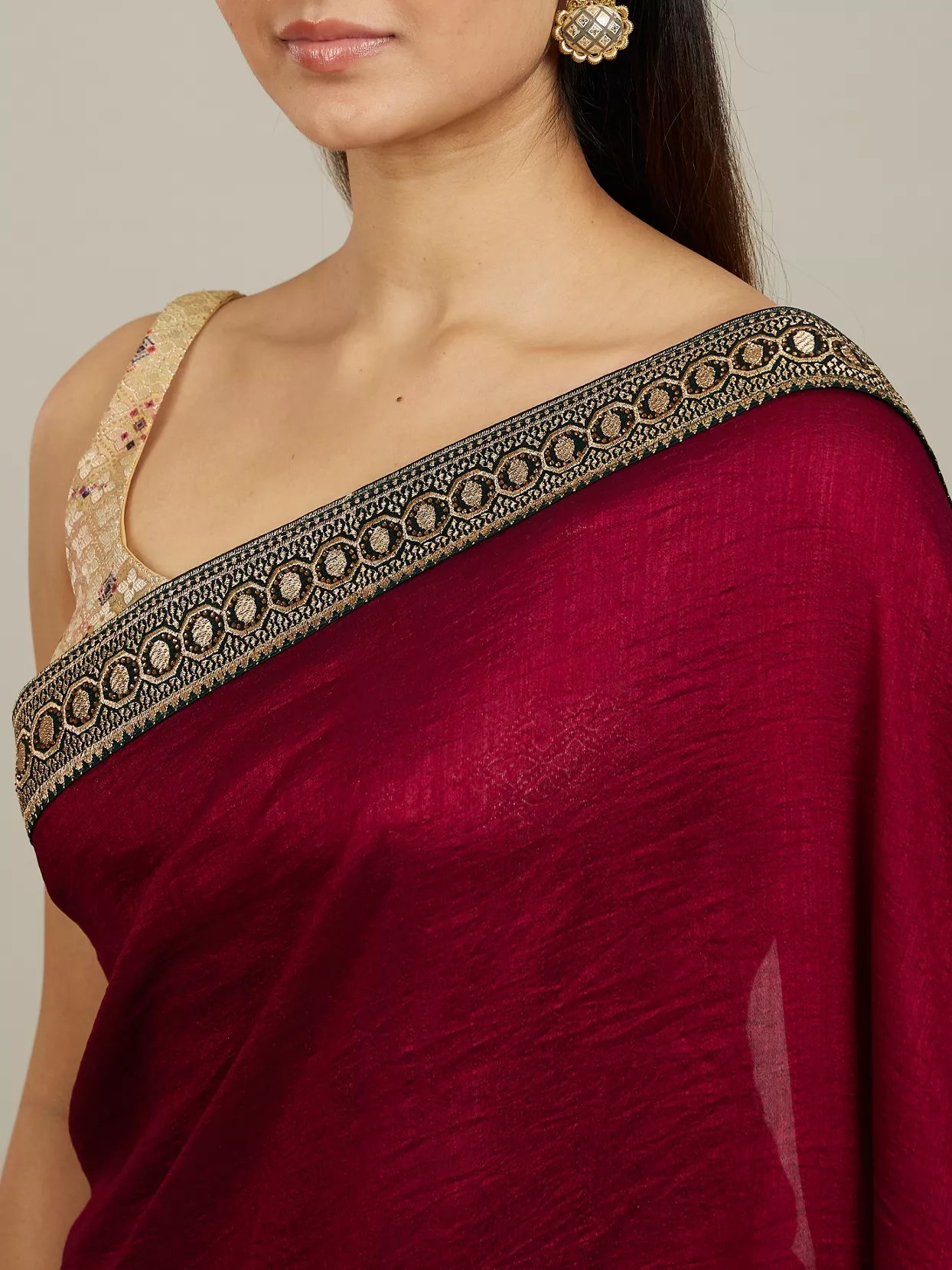 Rose Red Embroidered Border Saree — image 2