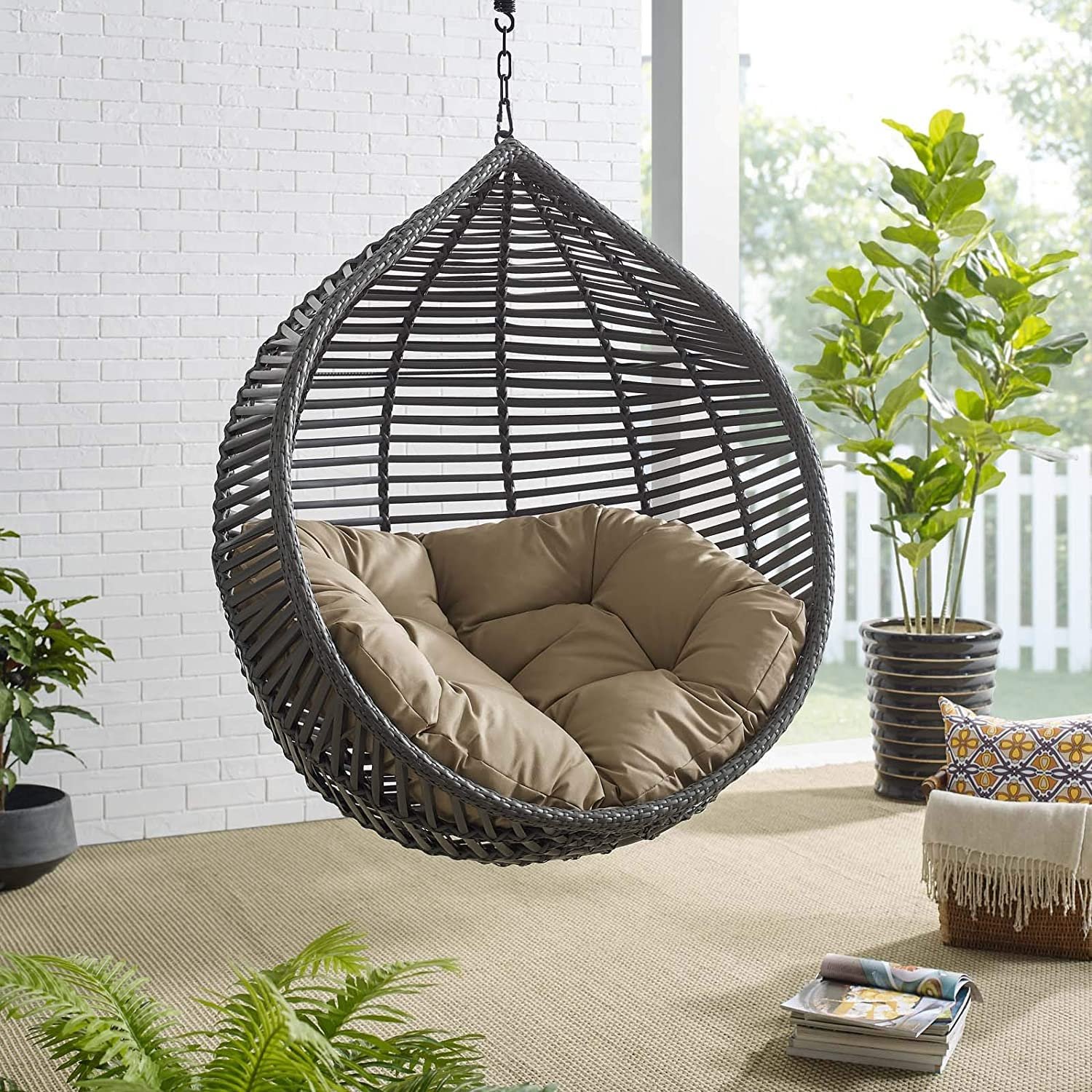 Wicker Rattan Wrought Iron Single Seater Swing Chair Stand For Adults|Garden & Outdoor Hammock Swing Cushions For Kids|Teardrop Swing Hanging Chair W/ Curve Stand|Jhula-114.3 Cm,25.5 Cm,50" — image 4