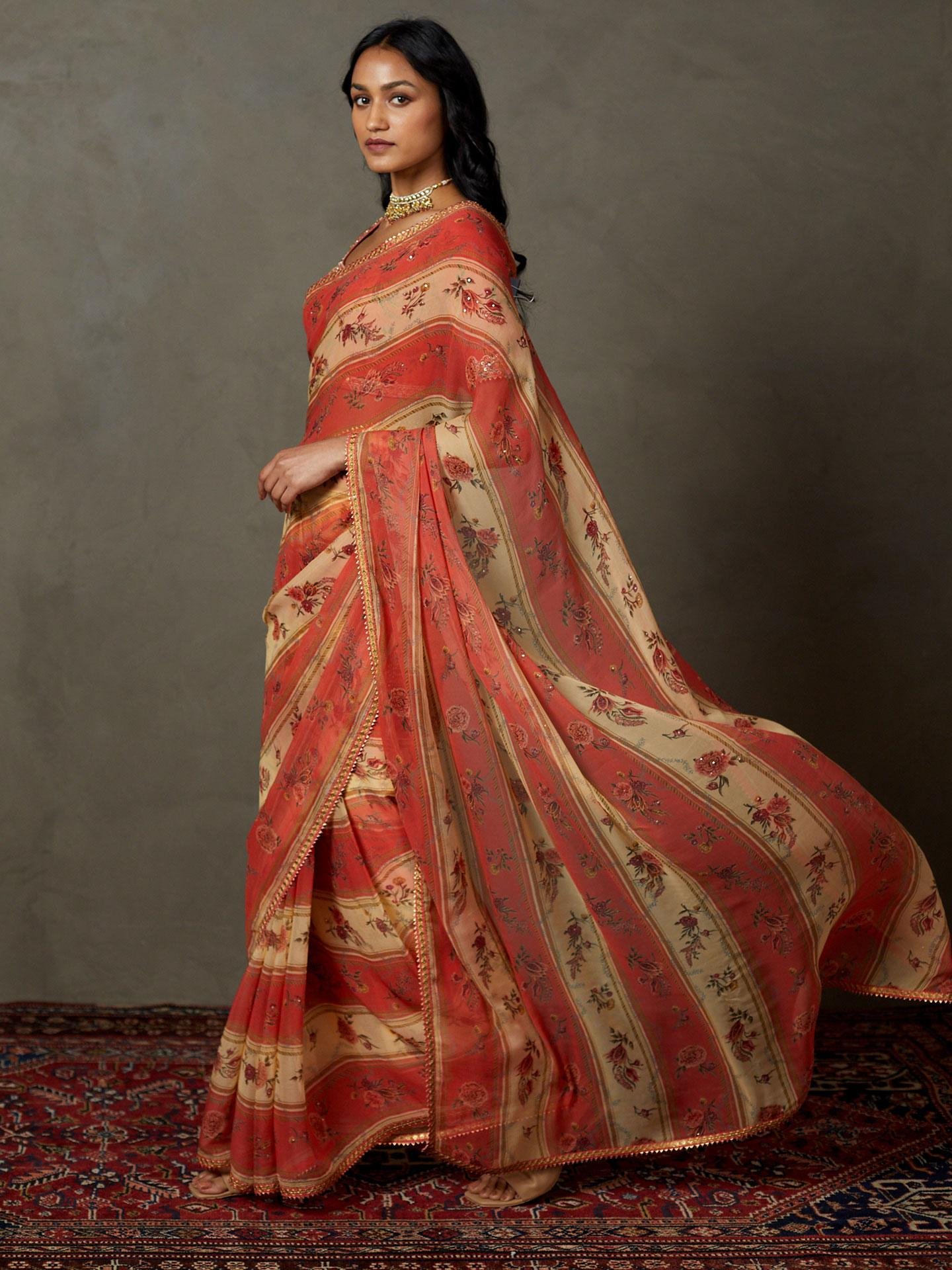 Peach & Multi Dahlia Saree With Unstitched Blouse — image 3