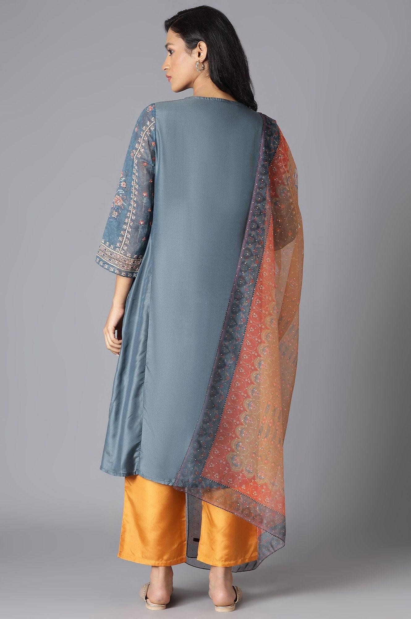 Teal Mock Layer kurta, Orange Parallel Pants And Dupatta Set — image 3