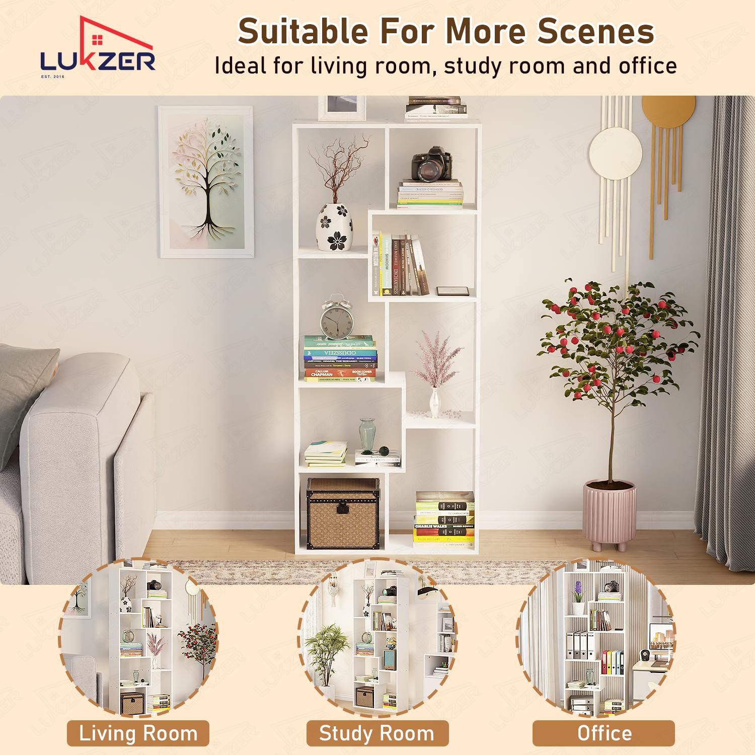 Lukzer 8 Shelves Modern Simple Engineered Wood Book Shelf with Storage Display Rack Open Bookcase Showcase Stand (MR-004/White/164 x 24 x 70 cm) DIY (Do It Yourself) — image 5