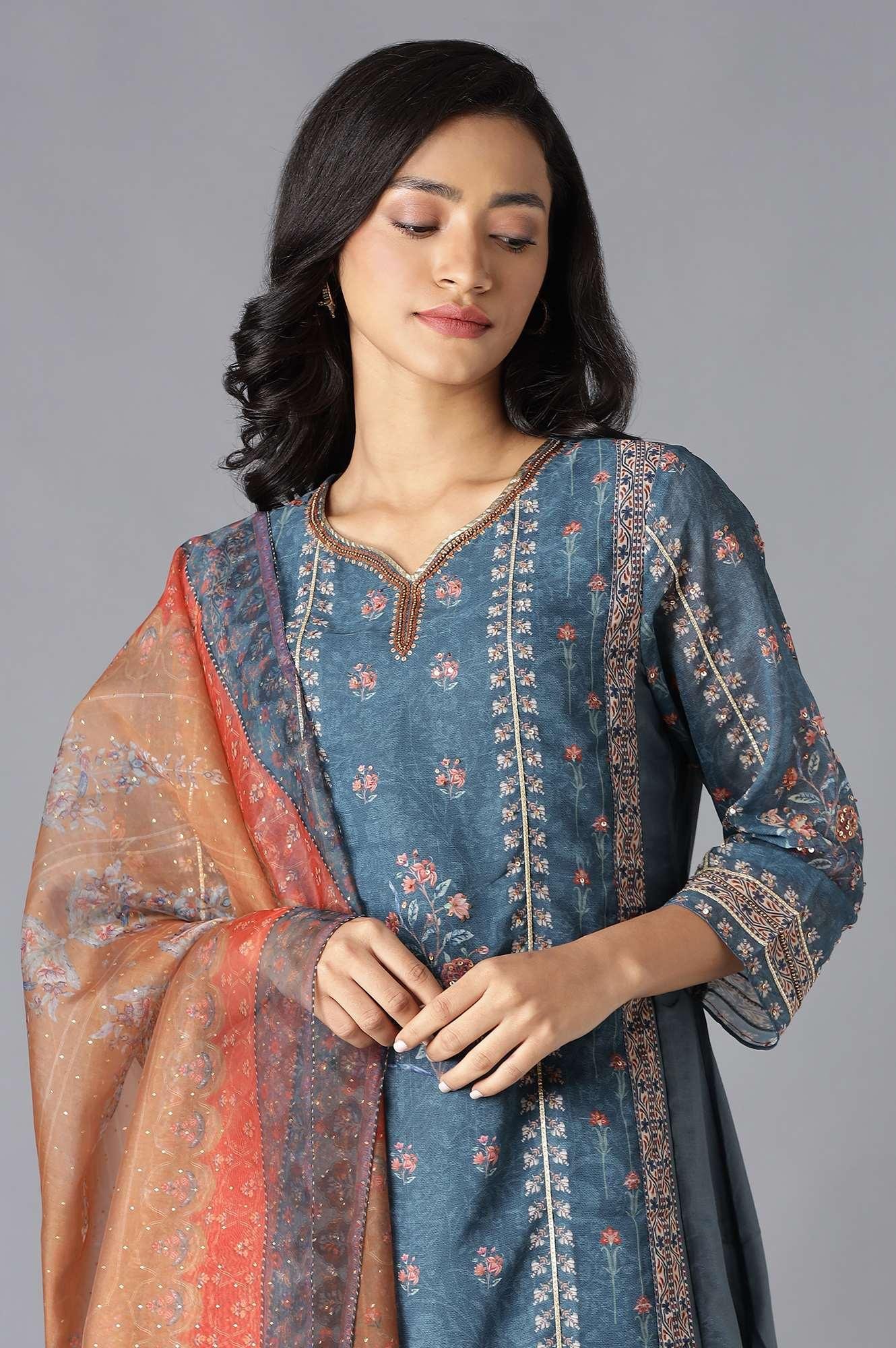 Teal Mock Layer kurta, Orange Parallel Pants And Dupatta Set — image 1