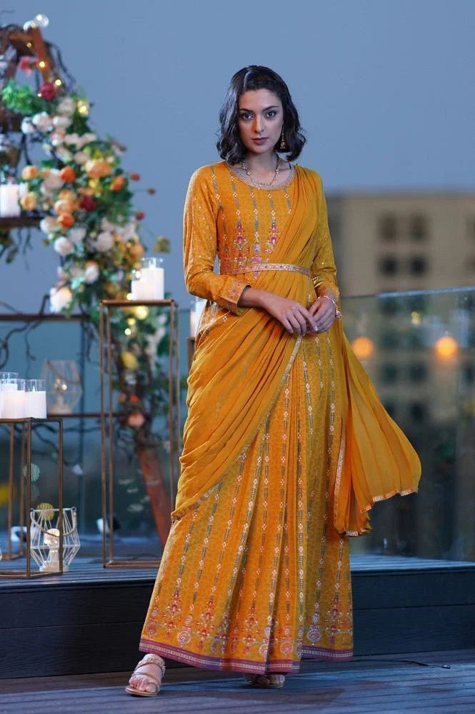 Yellow Glitter Printed Festive Saree Dress With Belt — image 5