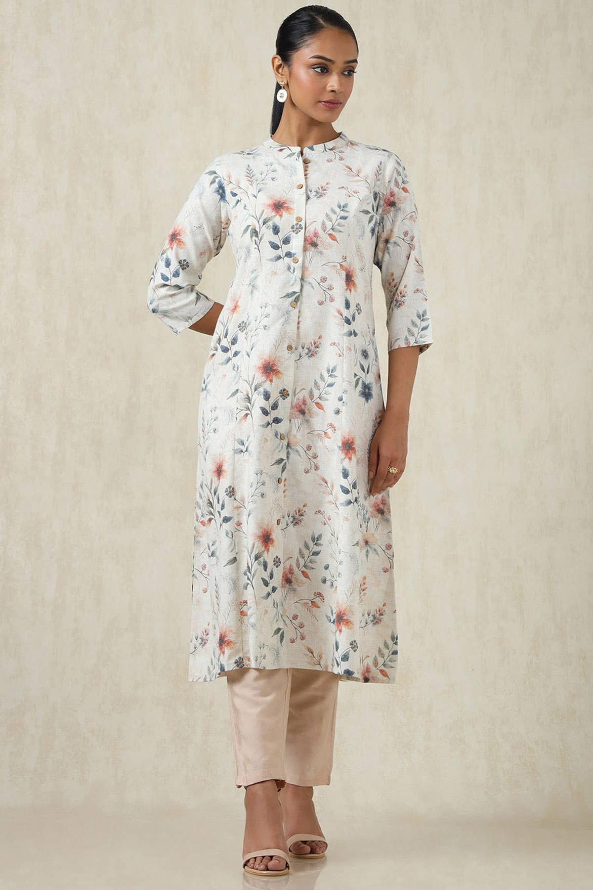 Beige Linen Botanical Print Kurta — image 4