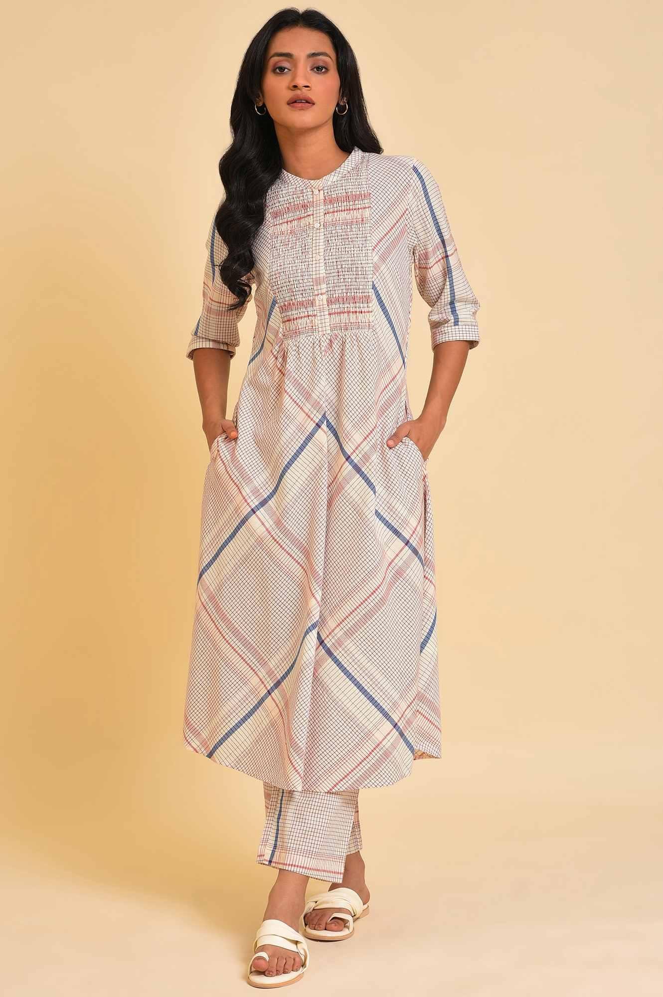 Ecru Bold Checks A-Line kurta & Pants Co-Ord Set — image 7