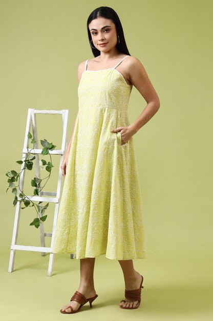 Lime Green Schiffli Embroidered Pure Cotton Flared Spaghetti Dress — image 3