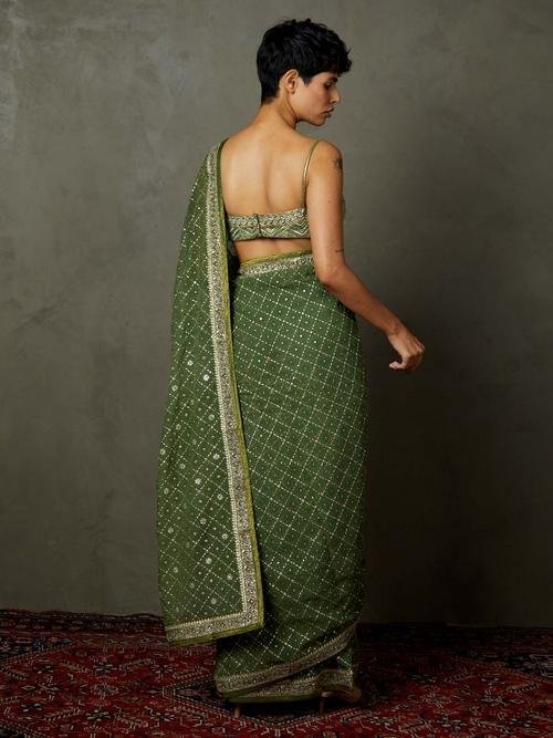 Khaki Rohira Saree With Unstitched Blouse — image 4