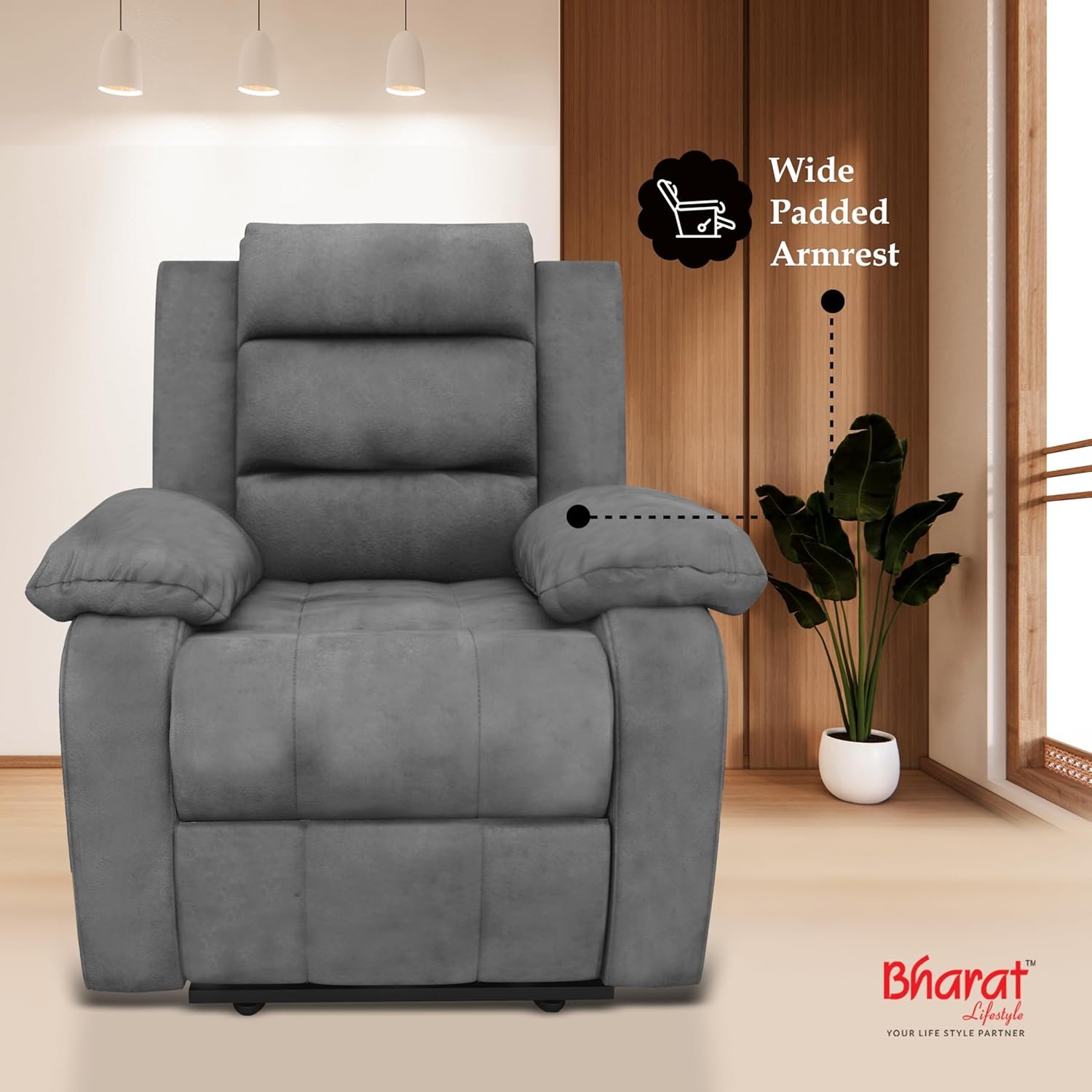 Bharat Lifestyle Austin Manual Recliner | 1 Seater Chair Sofa | Single Sofa Recliner| 3 Comfort Position | Wooden Frame | Suede Fabric | 1 Seater Recliner for Living Room Bedroom,1 Year Warranty, Grey — image 3