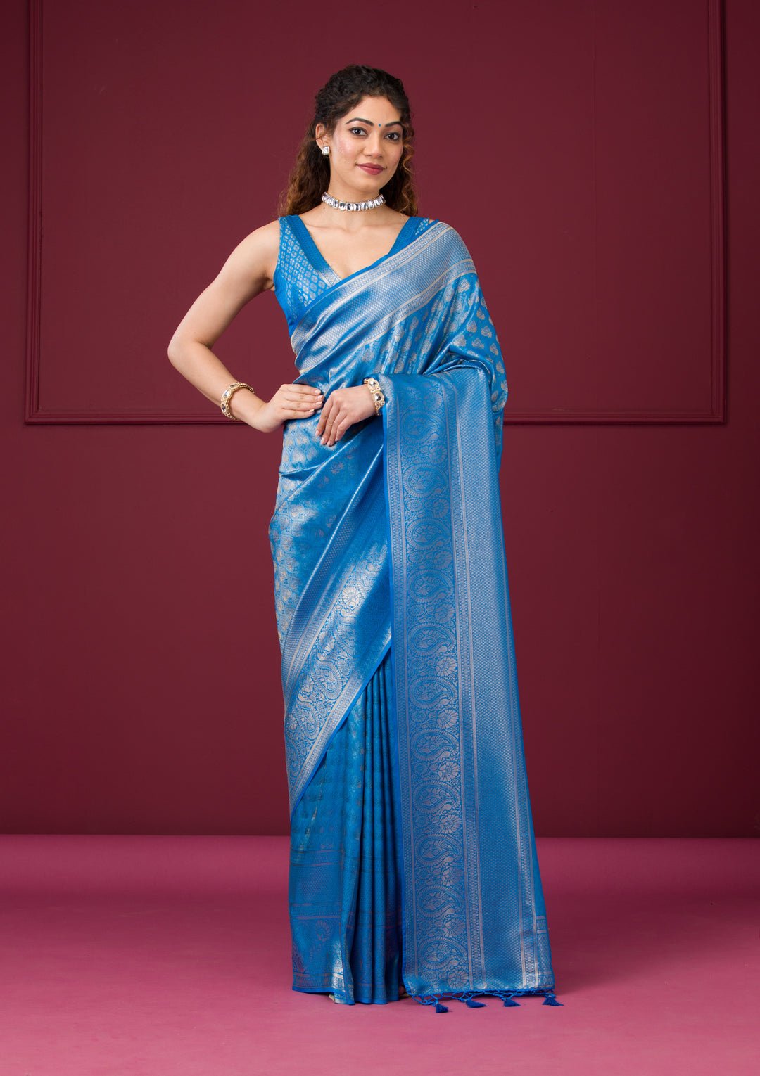 Turquoise Blue Zariwork Art Silk Saree — image 1