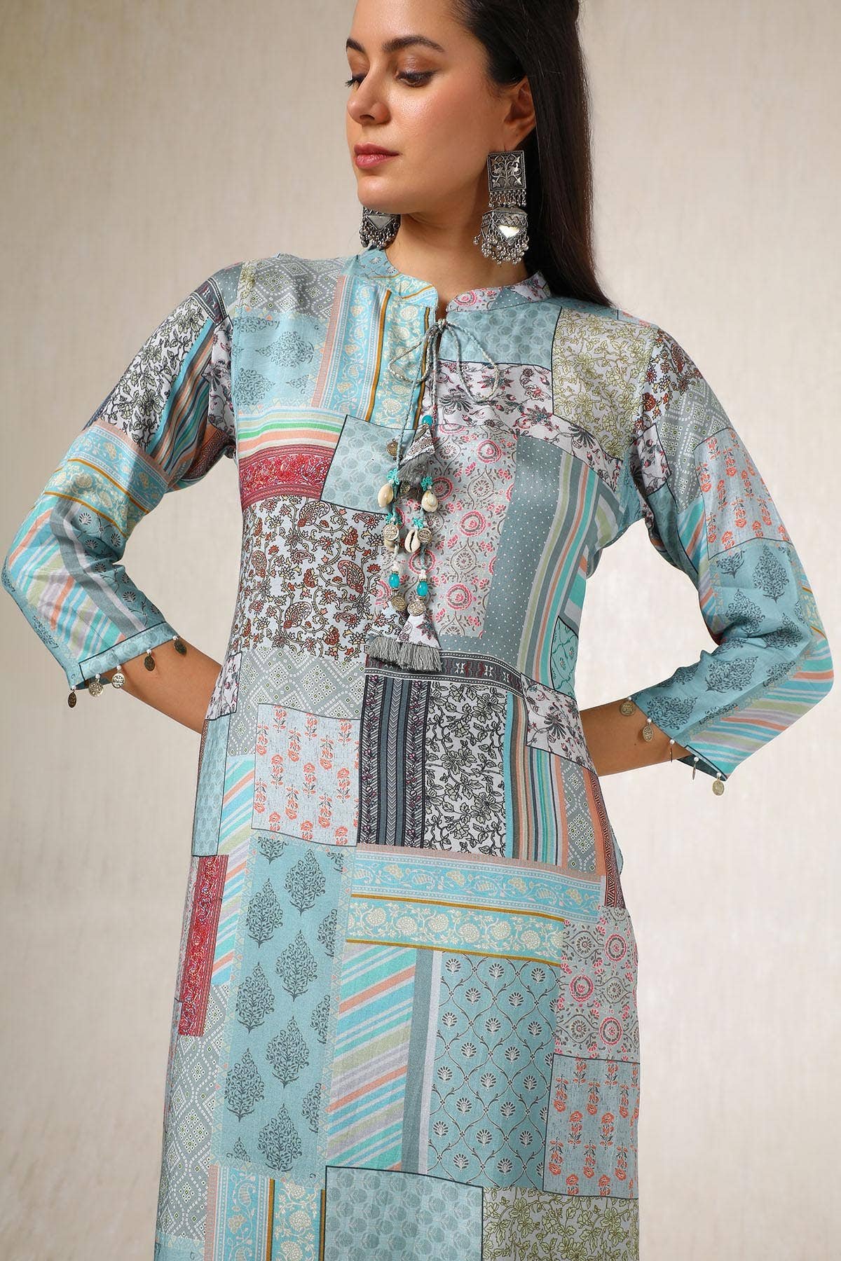 Powder Blue Viscose Muslin Ethnic Motifs Kurta With Tassels — image 2