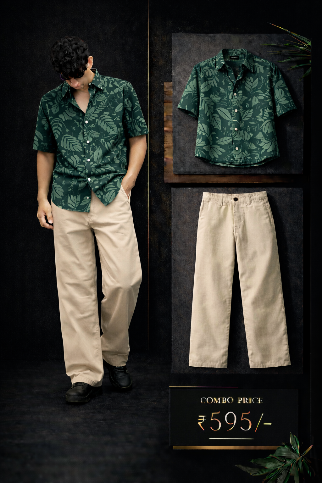 Men’s Premium Green Leaf Printed Shirt with Beige Trouser Combo Set | Stylish Casual Outfit for Men | Regular Fit