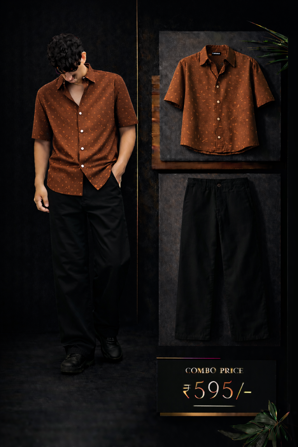 Men’s Premium Rust Brown Printed Shirt with Black Trouser Combo Set | Stylish Casual Outfit for Men | Regular Fit