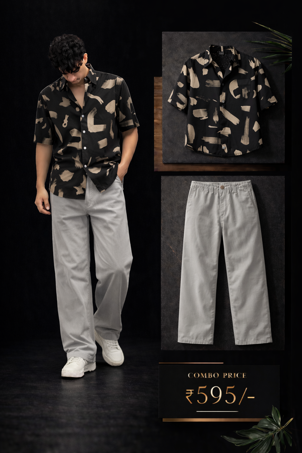 Men’s Premium Printed Black Shirt with Light Grey Trouser Combo Set | Stylish Casual Outfit for Men | Regular Fit