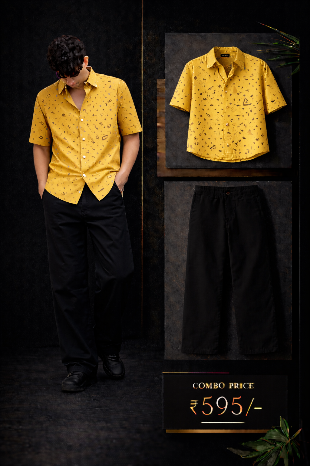 Men’s Premium Yellow Printed Shirt with Black Trouser Combo Set | Stylish Casual Outfit for Men | Regular Fit