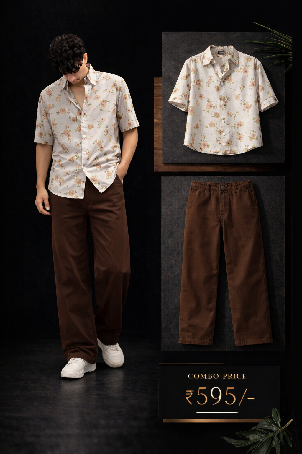 Men’s Premium Floral Printed Cream Shirt with Brown Trouser Combo Set | Stylish Casual Outfit for Men | Regular Fit