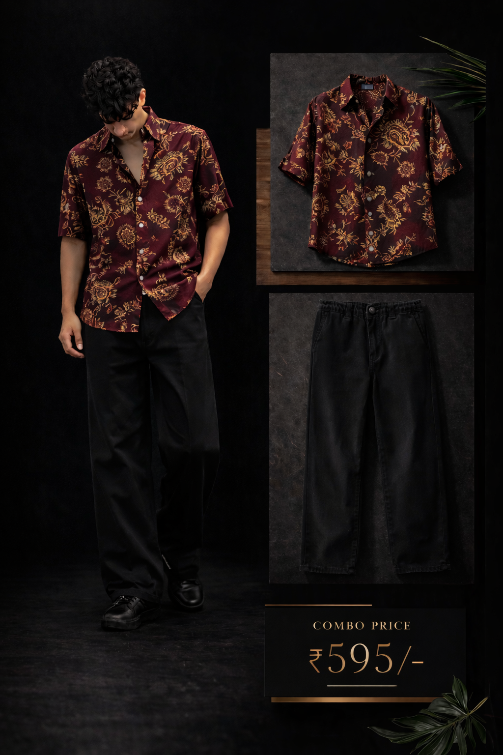 Men’s Premium Maroon Printed Shirt with Black Trouser Combo Set | Stylish Casual Outfit for Men | Regular Fit