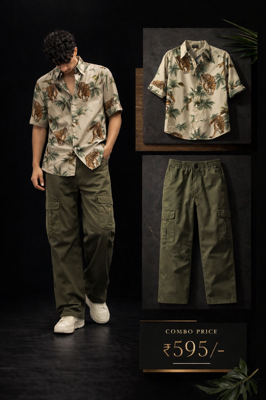 Men’s Premium Tiger Printed Shirt with Olive Green Cargo Trouser Combo Set | Stylish Casual Outfit for Men | Regular Fit