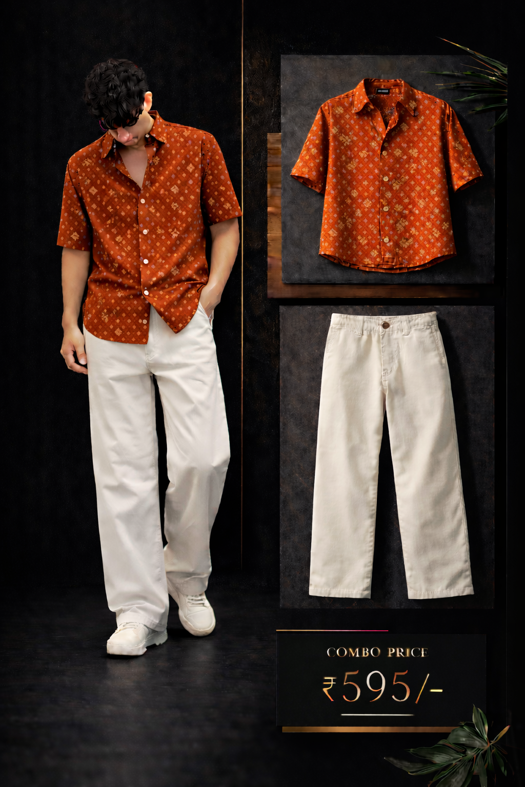 Men’s Premium Rust Orange Printed Shirt with Off White Trouser Combo Set | Stylish Casual Outfit for Men | Regular Fit